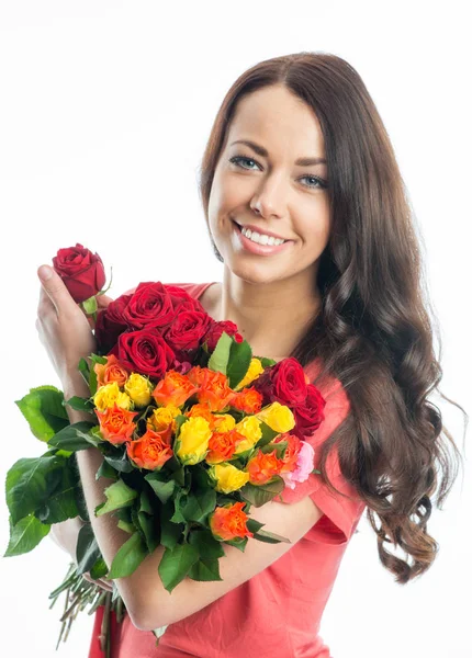 Young Woman Bouquet Roses Stock Photo