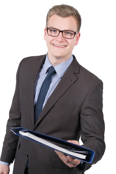 Πλήρους Απασχόλησης Φωτογραφία Ενός Νεαρού Χαμογελαστού Επιχειρηματία Παραδίδει Ένα Μπλε — Φωτογραφία Αρχείου