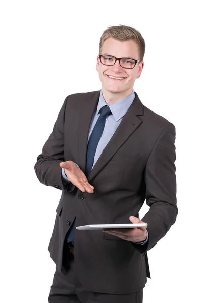 Vollzeit Foto Eines Jungen Lächelnden Geschäftsmannes Der Ein Tablet Präsentiert — Stockfoto