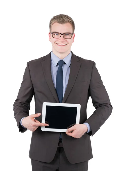 Vollzeit Foto Eines Jungen Lächelnden Geschäftsmannes Mit Brille Der Mit — Stockfoto