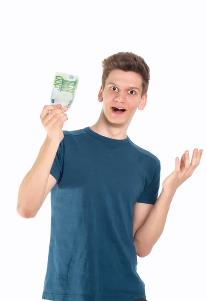 Young Man Holding 100 Euros — Stock Photo, Image