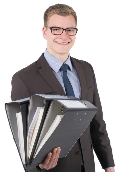 Vollzeit Foto Eines Jungen Lächelnden Geschäftsmannes Mit Brille Der Mit — Stockfoto