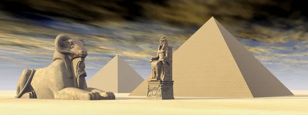 Dator Genererade Illustration Med Egyptiska Pyramider Och Statyer — Stockfoto