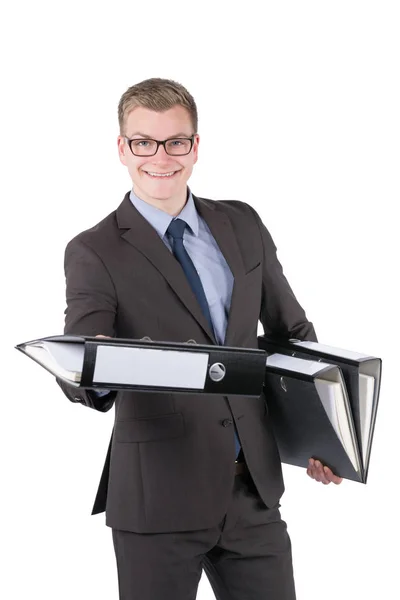 Full Time Photo Young Smiling Businessman Wearing Glasses Holding More — Stock Photo, Image