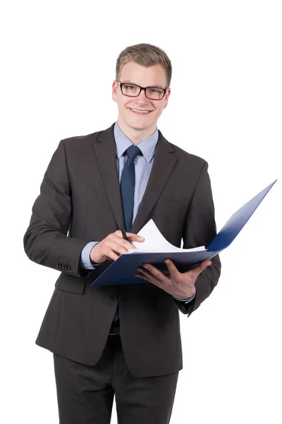 Full Time Photo Young Smiling Businessman Holding Open Blue File — Stock Photo, Image