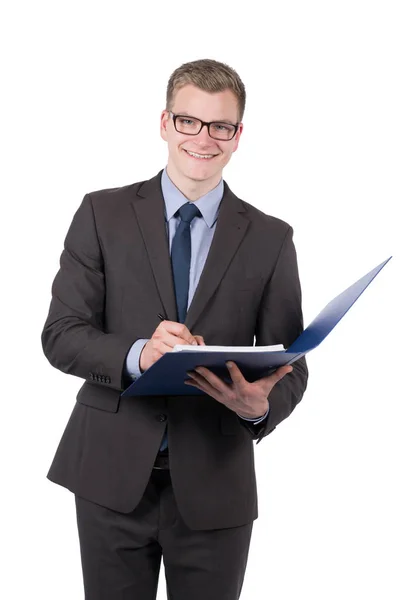 Full Time Photo Young Smiling Businessman Who Writes Blue File — Stock Photo, Image
