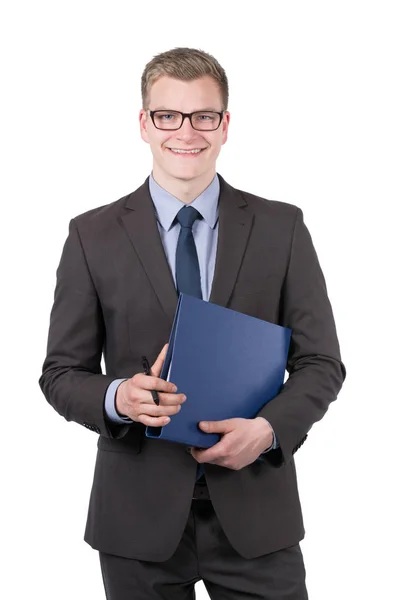 Full Time Photo Young Smiling Businessman Holding Blue File Norder — Stock Photo, Image