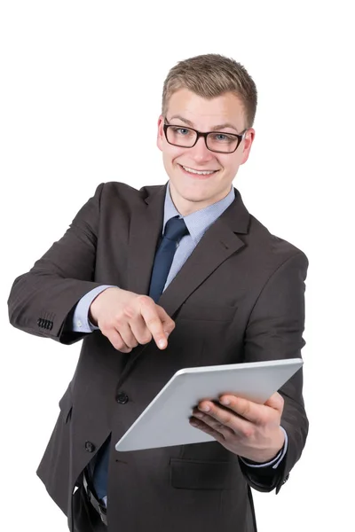 Full Time Photo Young Smiling Businessman Wearing Glasses Pointing Finger Royalty Free Stock Images