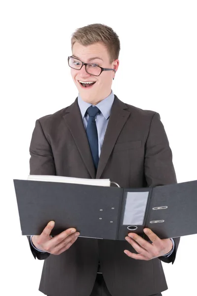 Vollzeit Foto Eines Jungen Verwirrten Geschäftsmannes Mit Brille Der Eine — Stockfoto