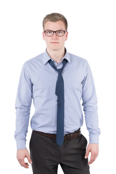 Full Time Photo Young Businessman Glasses Tie Open Man Looking — Stock Photo, Image