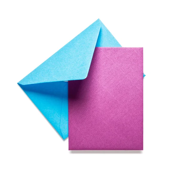 Синій Конверт Рожевою Карткою Білому Тлі Відсічний Контур Включено — стокове фото