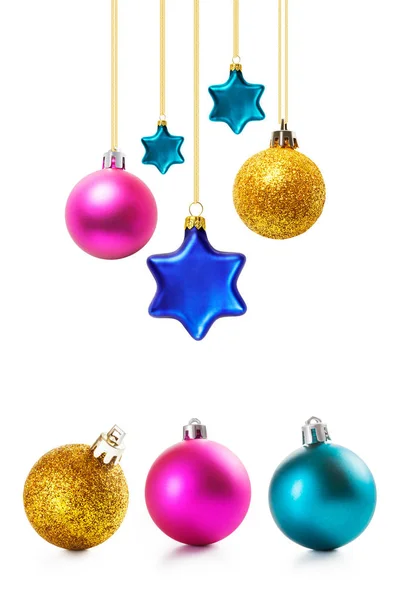 Barevné Vánoční Koule Hvězdy Sbírka Bílém Pozadí — Stock fotografie