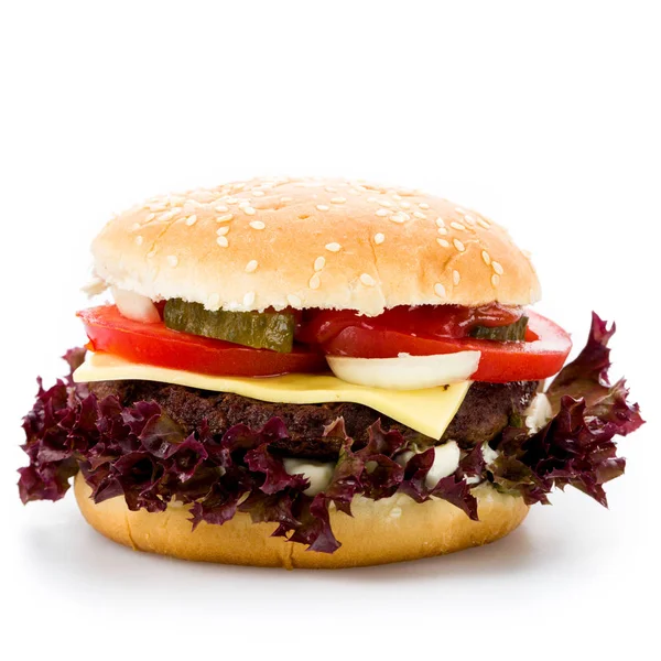 Burger Rajčatovou Cibulí Nakládanými Okurkami — Stock fotografie