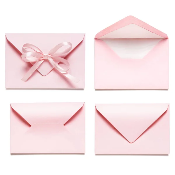 Envelopes Rosa Claro Com Coleção Fita Arco Isolado Fundo Branco — Fotografia de Stock