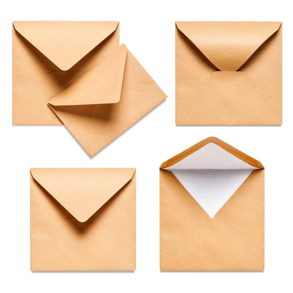 Coleção Envelopes Quadrados Marrom Isolado Fundo Branco — Fotografia de Stock