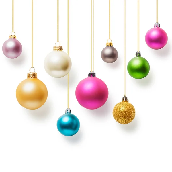 Palline Natale Appese Con Collezione Nastri Oro Sfondo Bianco — Foto Stock