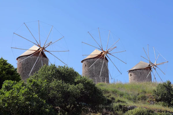 Molinos Viento Isla Patmos Verdura —  Fotos de Stock