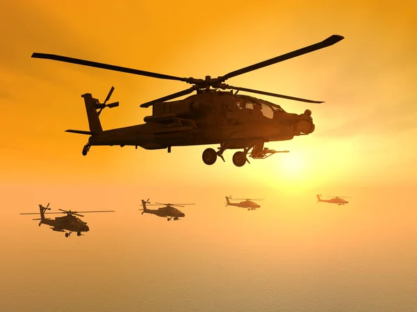 Dator Genererade Illustration Med Apache Helikoptrar Vid Solnedgången — Stockfoto