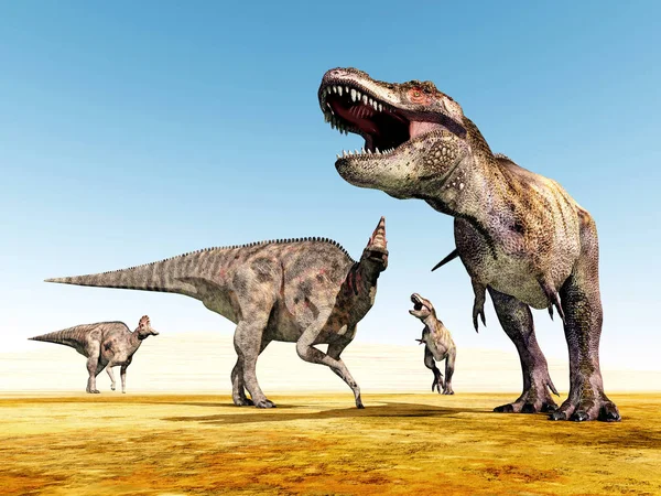 컴퓨터는 공룡인 우루스와 티라노사우루스 렉스와 그림을 만들었다 — 스톡 사진