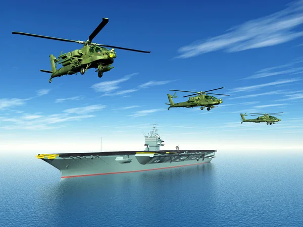 Computer Gegenereerde Illustratie Met Apache Helikopters Een Amerikaanse Vliegdekschip — Stockfoto