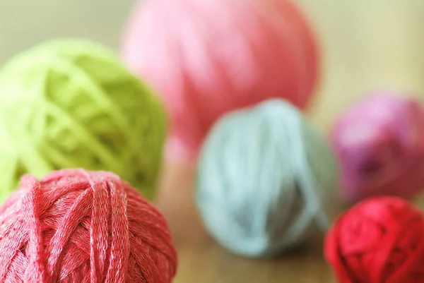 Colorful Yarn Balls Basket Wooden Background — Stock Photo, Image