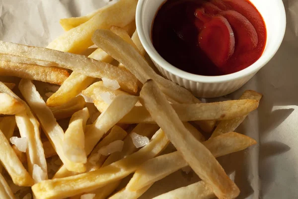 French Fries Paper Ketchup Salt — Stock Photo, Image