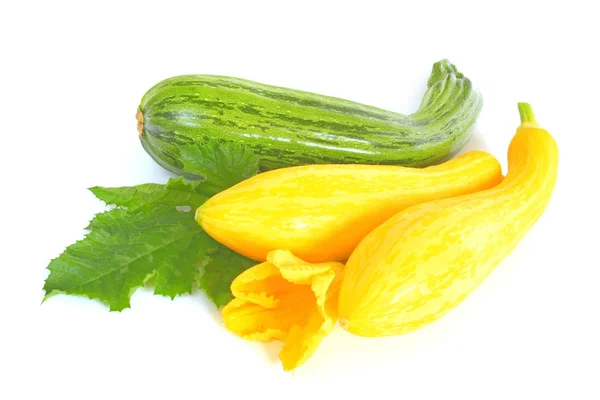 Gul Och Grön Zucchini Med Ett Blad Och Blomma Frreigestellt — Stockfoto