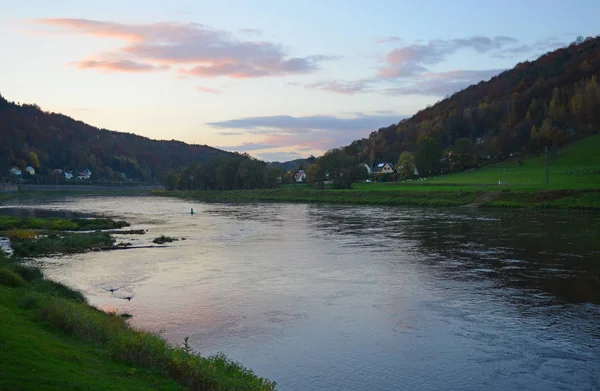 Stejná Řeka Labutě Pískovec Elbsandsteingebirge Saxonské Švýcarsko Příroda Krajina Podzim — Stock fotografie