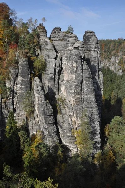 Bastei Basteifelsen Punkt Widzenia Widok Skała Skały Skały Wspinaczkowe Natura — Zdjęcie stockowe