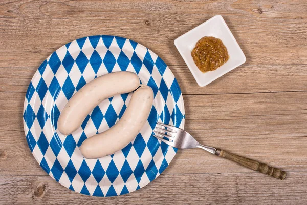 Two Weisswurst Sweet Mustard Plate Fork — Stok Foto