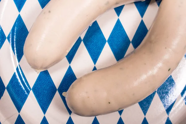 Weisswurst Tabakta Mavi Beyaz Elmaslarla Kapatın — Stok fotoğraf
