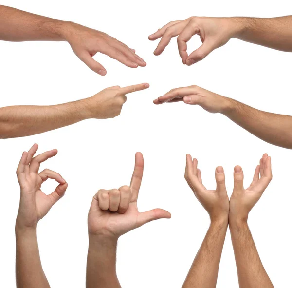 Colagem Mãos Masculinas Sinais Fundo Branco — Fotografia de Stock