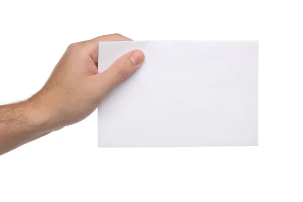 Man Handen Houden Blanco Papier Geïsoleerd Witte Achtergrond — Stockfoto