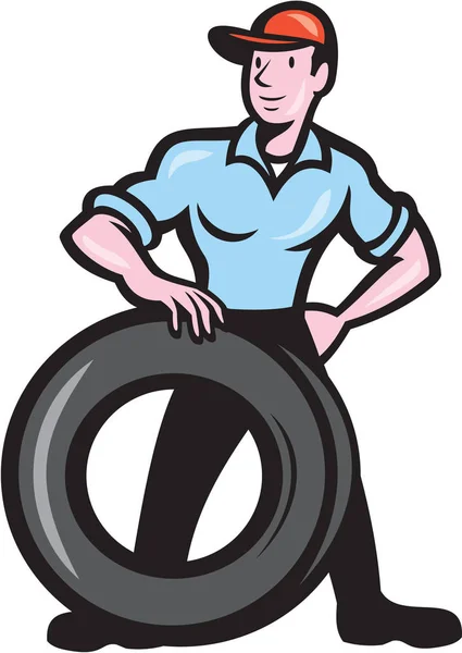 Illustration Tireman Mechanic Tire Facing Front Set Isolated Background Done — Stock Photo, Image