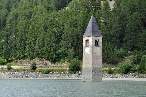 Church Tower Graun Reschensee Tower Church Vinschgau Southern Tyrol Italy — Stock Photo, Image