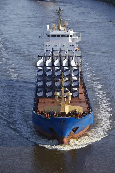 Cargo Vessel Loaded Rotor Blades Wind Turbines Kiel Canal Beldorf — Stock Photo, Image