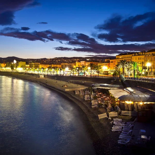Het Strand Waterkant Van Nice Nachts Frankrijk — Stockfoto
