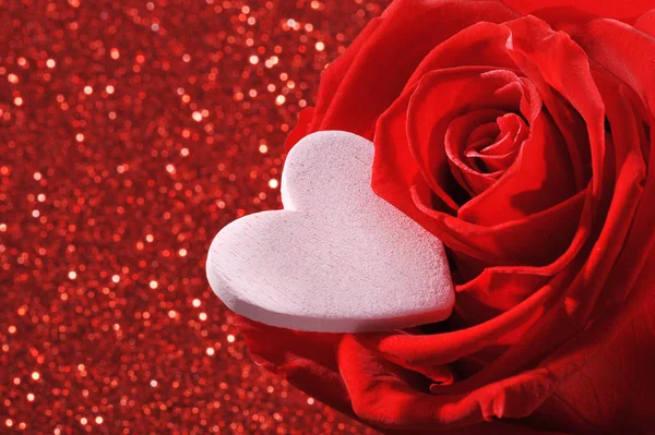 Pink Heart Red Rose Red Glitter Background — Stock Photo, Image