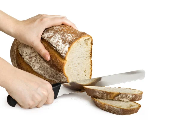 Ψωμί Κόβεται Μαχαίρι Φέτες — Φωτογραφία Αρχείου