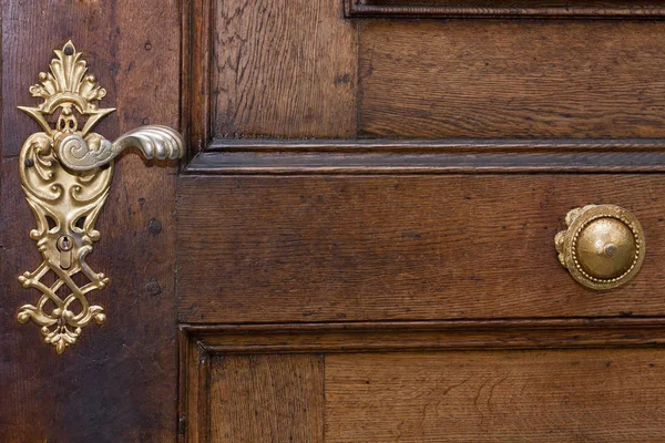 Masywne Drewniane Drzwi Złotym Zamkiem — Zdjęcie stockowe