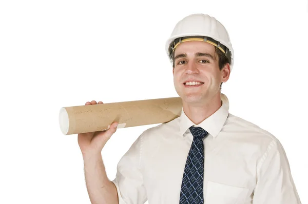 Torso Shot Young Man White Shirt White Helmet Holding Document — Stock Photo, Image