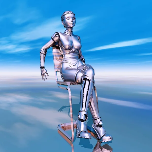 计算机生成3D插图 椅子上有一个女机器人 — 图库照片#
