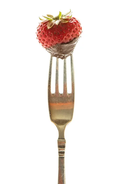 Red Strawberry Chocolate Fork — Stock Photo, Image