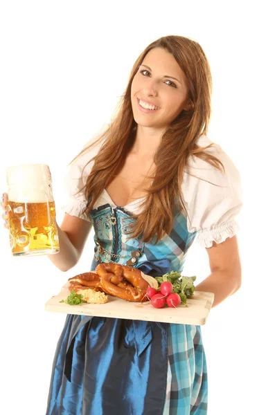 Mulher Dirndl Com Cerveja Udn Comida Típica — Fotografia de Stock