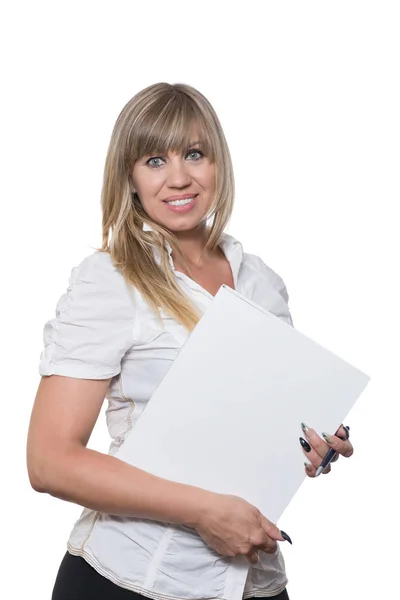 Full Time Photo Smiling Woman Holding White File Folders Woman — Stock Photo, Image