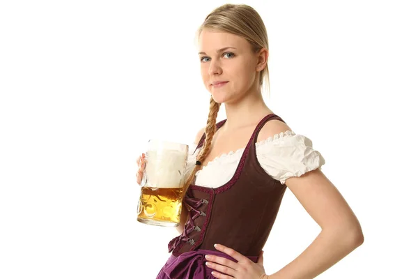 Femme Dans Dirndl Avec Bière — Photo