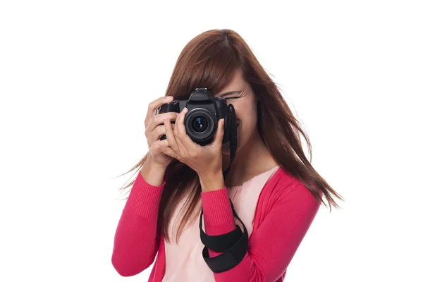 Jovem Fotógrafa Feliz Com Câmera — Fotografia de Stock