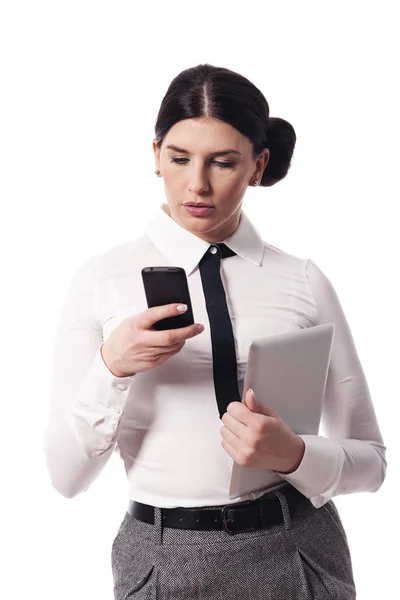 Mujer Ocupada Con Teléfono Tableta Digital — Foto de Stock
