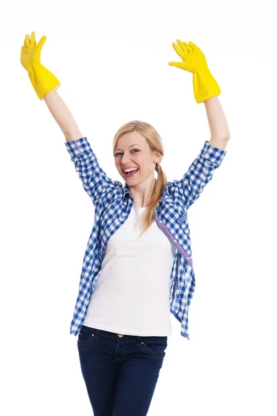 Sukces Kobiecej Sprzątaczki Podniesioną Ręką — Zdjęcie stockowe