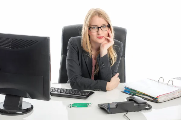 Zakenvrouw Aan Het Bureau Witte Achtergrond — Stockfoto